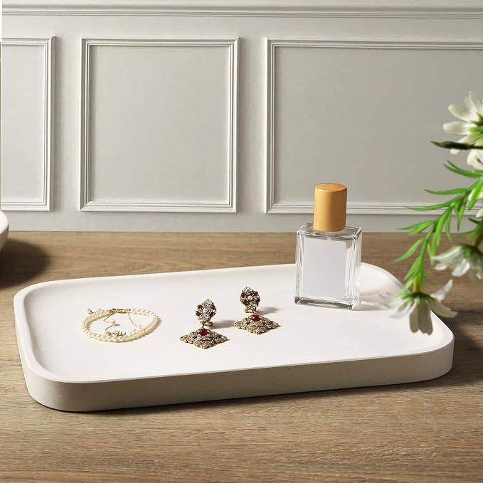Koville Marble Tray, 12"x8" Natural Stone Vanity Tray for Countertop Bathroom Kitchen Dresser, Decorative Marble Catchall Trays for Perfume Jewelry, Rectangular Serving Tray(Beige)
