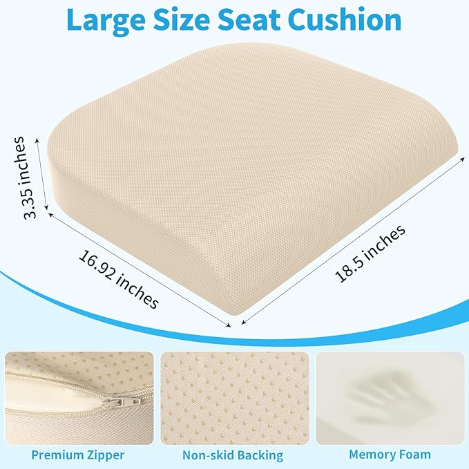 TranquilRelax XLarge Seat Cushion, Memory Foam Cushion for Long Sitting Hours on Office Chair, Home & Car, Non-Slip Chair Pad for Relieving Back & Sciatica & Hip & Coccyx Pain (Khaki)