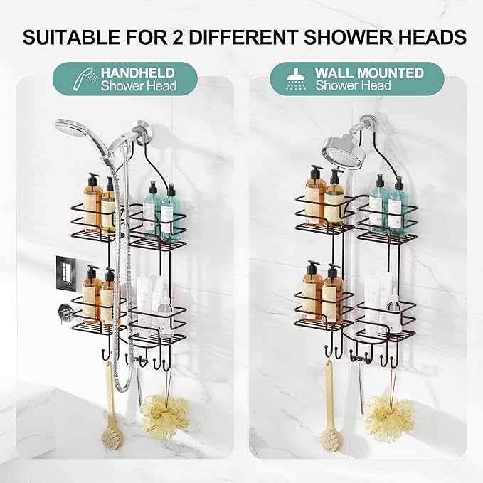SRIWATANA Shower Caddy Organizer Hanging Over Head, Bathroom Shower Rack Hanger with Hooks for Razors - Bronze