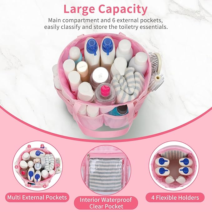 Mesh Shower Caddy Portable for College Dorm Room Essentials, Hanging Shower Caddy with Waterproof Phone Pouch, Large Capacity Shower Bag Basket Tote for Bathroom, Gym, Camping, Swimming, Beach, Pink