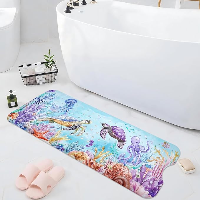 Ocean Animals Bathtub Mat Non Slip, Sea Turtle Baby Bath Mat for Tub Rubber Tub Mat, Cute Toddler Kids Bath Mats for Bathroom Anti Slip Shower Mat with Suction and Drain Holes Machine Washable,40″x16″