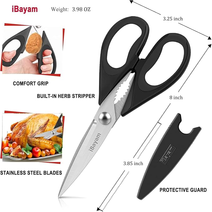 Small Kitchen Scissors 8-inch, iBayam 2 Pack Kitchen Shears All Purpose Meat Scissors Poultry Shears, Dishwasher Safe Food Cooking Scissors Heavy Duty Stainless Steel Utility (Black, Aqua Sky)