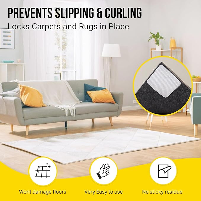 Alien Grip Rug Gripper Carpet Tape - 12pcs, 4x4 in. Anti-Slip Hardwood, Tile Floor, No Damage - Double Sided Reusable, Non Slip Corner Rug Pads - As Seen on TV