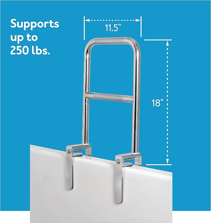 Carex Tri-Grip Bathtub Rail with Chrome Finish - Bathtub Grab Bar Safety Bar For Seniors and Handicap - For Assistance Getting In and Out of Tub, Easy to Install on Most Tubs,Silver
