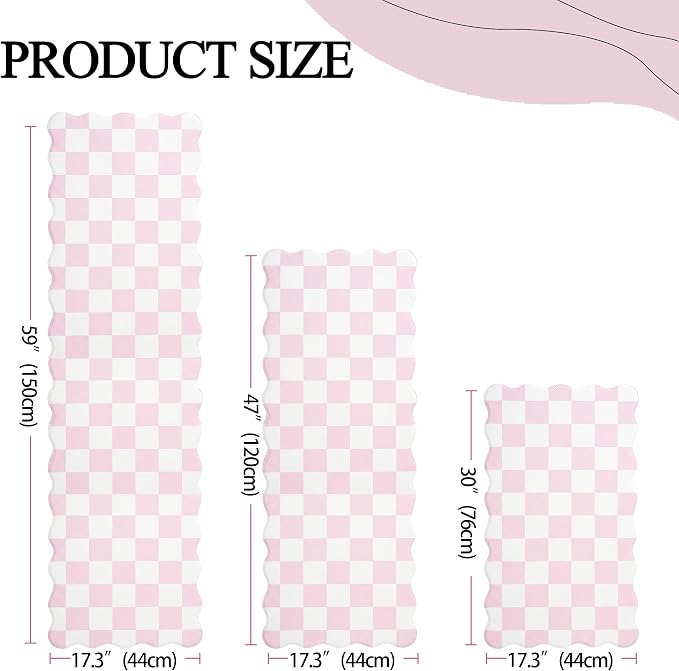 Scalloped Pink Checkered Grid Checkerboard Kitchen Rug Sets [3 PCs], Anti-Fatigue, Waterproof Non-Slip Kitchen Mats Heavy Duty Ergonomic Comfort Foam Rug for Floor, Laundry,17"x29"/47"/59"