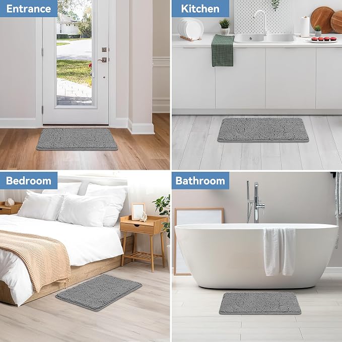 Bcoimo 30x20 Chenille Bath Mat – Non-Slip with Backing Bath Rug Ultra-Absorbent and Machine Washable Bathroom Mat Quick-Dry Design. Ideal for Bathroom Shower and Tub Areas