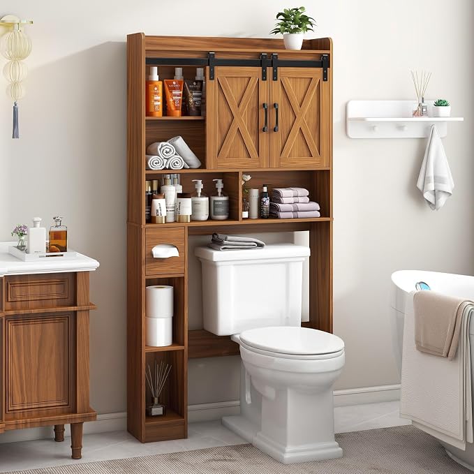 Vabches Over The Toilet Storage Cabinet, Farmhouse Storage Cabinet Over Toilet with Sliding Doors，Home Space-Saving Toilet Rack, for Restroom, Bathroom, Laundry,Caramel