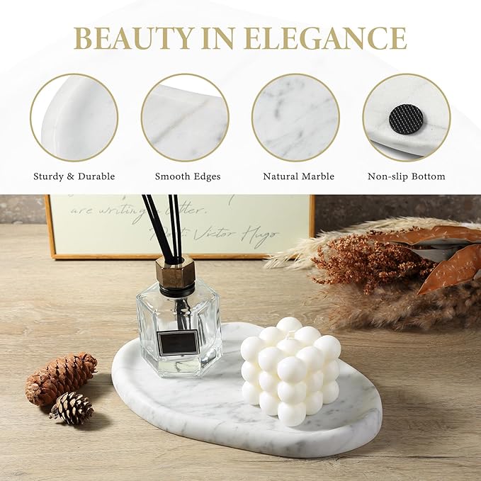 Koville Luxurious Natural Marble Vanity Tray for Home Decor, Cloud Shape Serving Stone Key Tray, 10" x 7" Marble Storage Trays for Bathroom, Stone Plate for Perfume, Candle and Jewelry（Bianco Carrara）