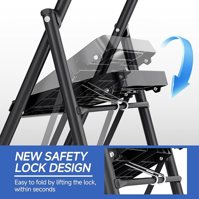 KINGRACK 2 Step Ladder, Folding Step Stool with Handrail, Safe-Lock Design and Wide Anti-Slip Pedals, 500 lbs Capacity Sturdy Steel Ladder for Home and Kitchen, Black
