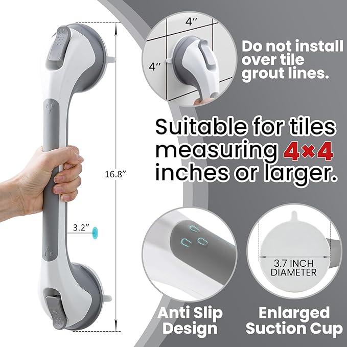 TAILI Shower Grab Bar Glow in The Dark, 2 Pack 16.8 in Grab Bars for Bathtubs and Showers,Shower Handles Rails for Seniors and Elderly,Bathroom Safety Grip Removable No Drilling Waterproof Grey,G9