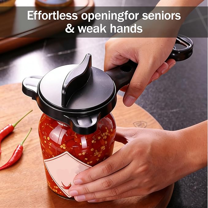 Adjustable Jar Opener for Weak Hands, 4-in-1 Multi-Function Manual Bottle Opener and Corkscrew Set for Seniors with Arthritis, Universal Lid Gripper Kitchen Gadget for All Jar Sizes (Black)