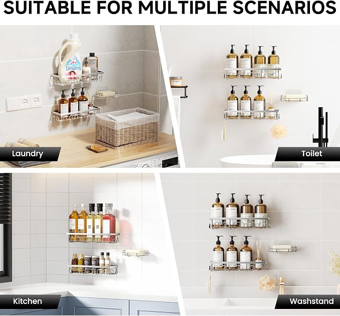 Shower Caddy, 3 Pack Shower Shelves for Inside Bathroom, Rustproof Adhesive Bathroom Organizer with Soap Holder, No Drilling Washroom Organizers and Storage for Tub Room/Kitchen/Home, Silver
