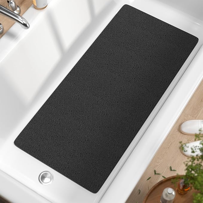 HITSLAM Bathtub Mat Non Slip, 35 x 16 Inch Long Soft PVC Loofah Shower Mat, Bath Mat for Tub Without Suction Cups, Quick Drying Bath Tub Mat for Shower and Bathroom, Easy to Clean, Black