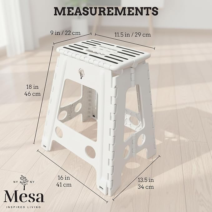 Inspired Living 18" Step Stool, Folding Step Stools for Adults, Plastic Foldable Step Stools Kids, Holds Up to 330 lbs, Collapsible Folding Stool for Kitchen, Bathroom, Bedroom (White Black, 18" High)