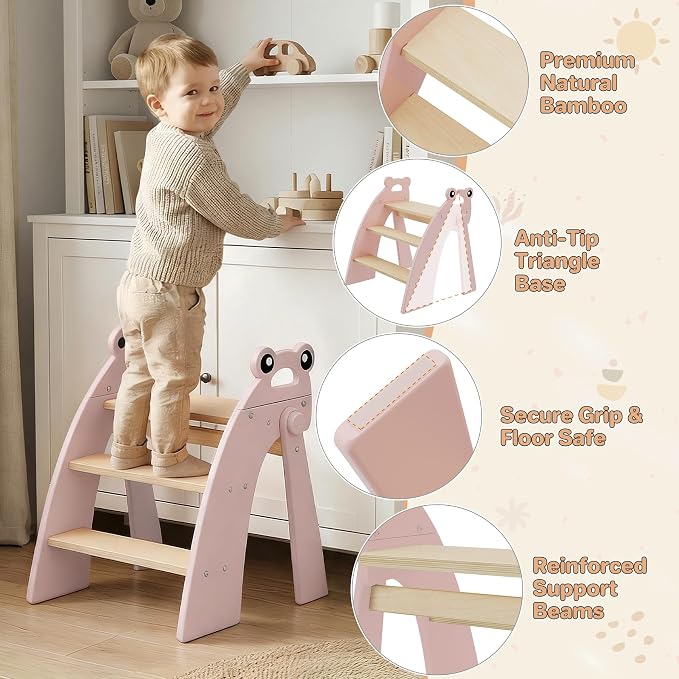 Step Stool for Toddlers, 3-Step Kids Step Stool for Bathroom Sink, Foldable Toilet Potty Training Bamboo Wooden Stool with Handles and Non-Slip Pads for Bedroom, Kitchen Stool Helper, Pink