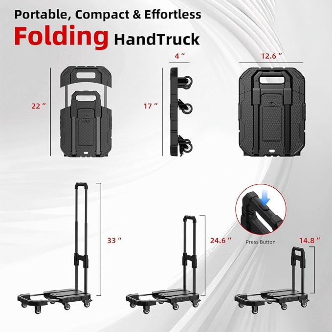 Hand Truck 550Lbs, Folding Dolly Cart with 6 Wheels-Compact/Heavy-Duty, Portable Rolling Utility Cart for Moving Shopping Travel Vendor Booth, Carrito para Cargar Cosas Con Ruedas with 2 Bungee Cords