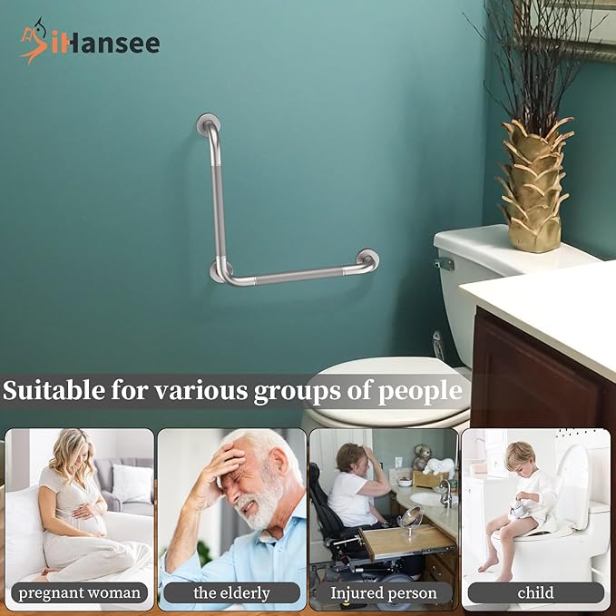 Angled Grab Bar 16x16 Inch Stainless Steel Knurled Toilet Handles Wall Mounted Bathroom Handicap Safety Rails for Elderly Injured Balance Support, L-Shaped Brushed Nickel Grab Bar for Shower