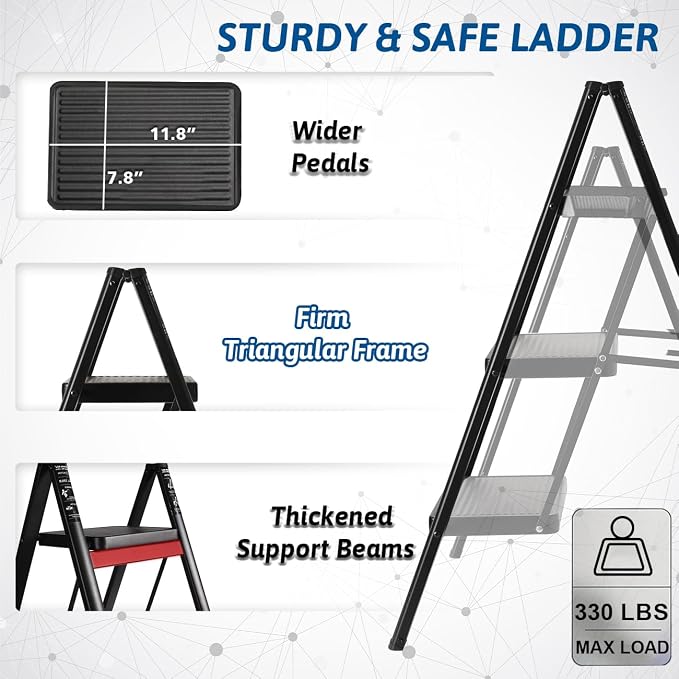 Double Elite Folding 3 Step Ladder, Sturdy 330 Lbs Load Small Step Stool for Adults, Safer Full Steel Multi-use Kitchen Ladder for Home, Closet Step Stool Ladder with Wide Pedals, Black, 3-Step