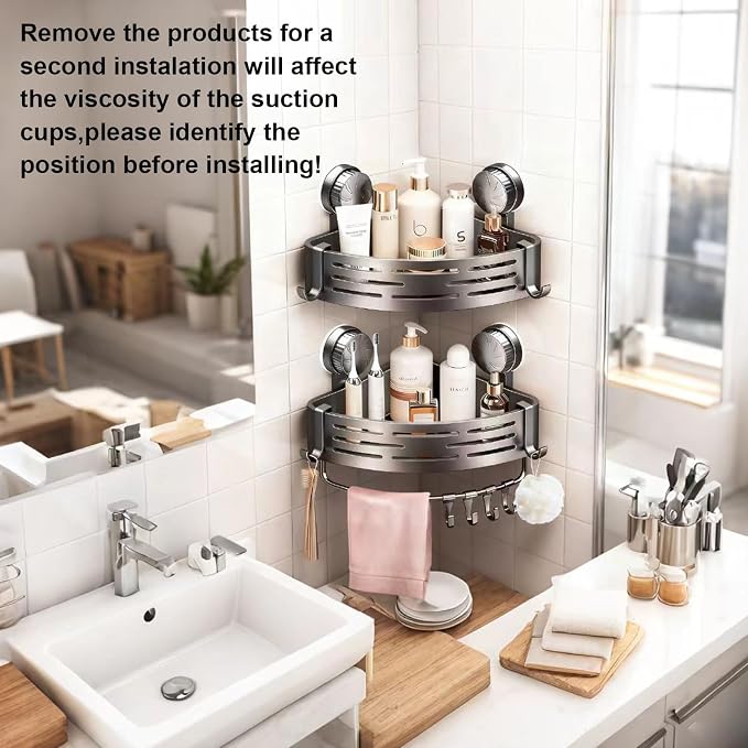 2Pcs Corner Shower Shelves,Caddy Suction Cup,Shampoo Holder,Bathroom Organizer Shower Storage with Towel Bar Hooks,No Drilling,Save Space,Rust-Resistant