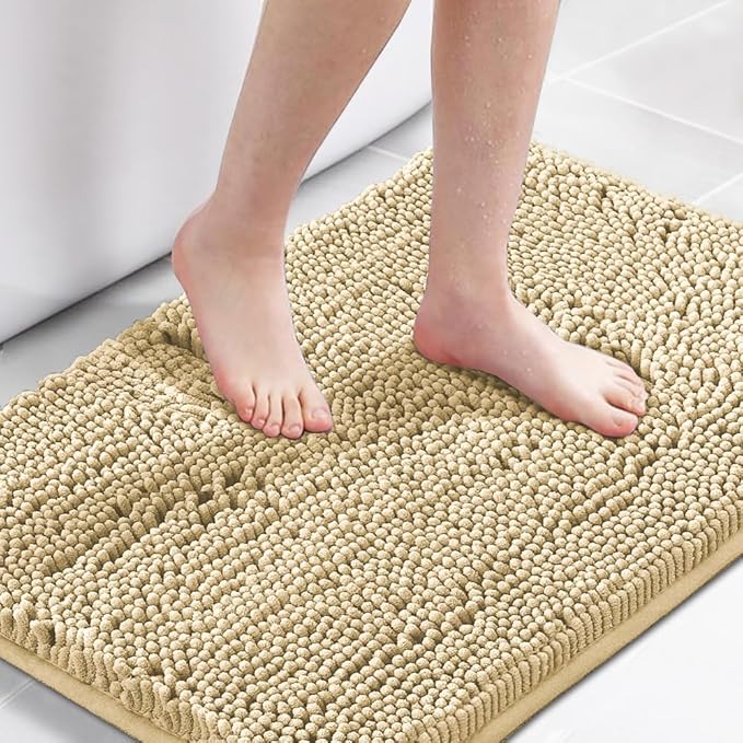 H.VERSAILTEX Ultra Soft Texture Chenille Plush Bath Rugs Floor Mats, Hand Tufted Bath Rug Non Slip Microfiber Door Mat for Kitchen/Entryway/Living Room, 32 by 20 inches, Beige