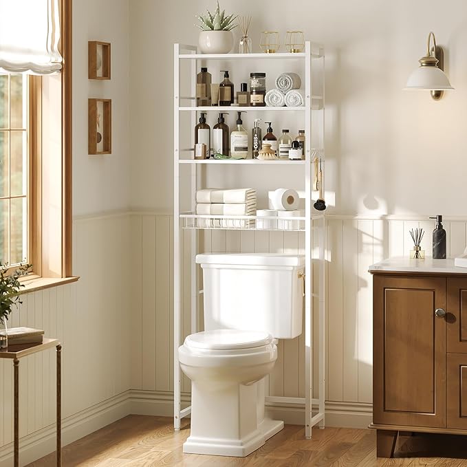 Over The Toilet Storage Shelf, 4-Tier Bathroom Organizer with Basket & Hooks, Sturdy Space Saver for Small Bathrooms, White
