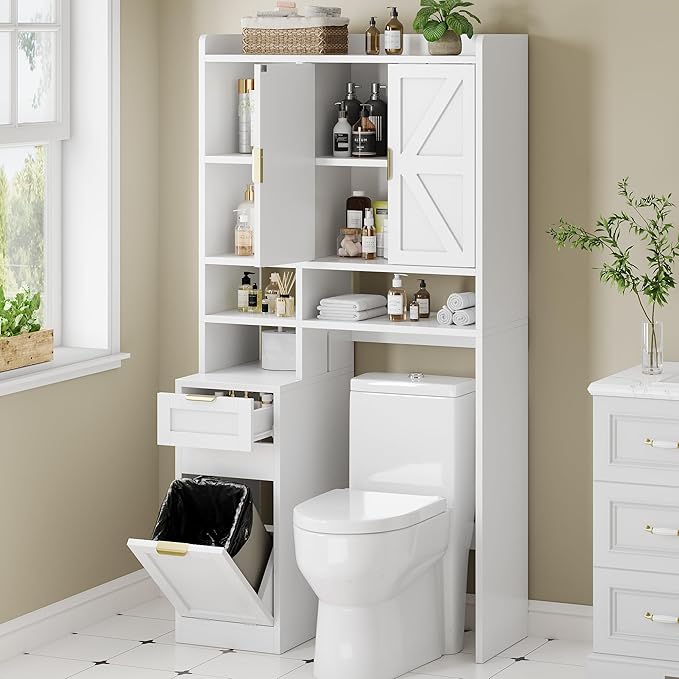Einhomn Over the Toilet Storage Cabinet with Hidden Odor-Proof Trash Can&Toilet Paper Holder Combo–10 Storage Spaces, All-in-One Bathroom Rack for Bathroom, Laundry, White
