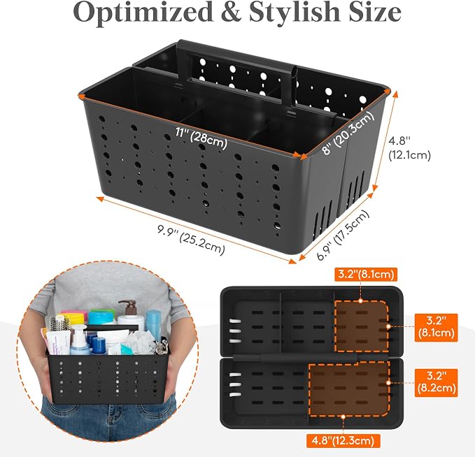 Lifewit Shower Caddy Portable, Caddy Organizer with Handle and Adjustable Dividers, Plastic Shower Basket for Dorm Room Essentials, College, Bathroom, Black, 2 Packs