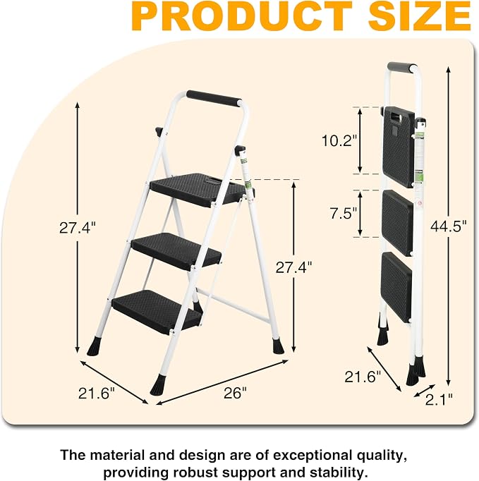 Step Ladder, Portable Steel Folding Step Stool with Wide Anti-Slip Pedal & Convenient Handgrip, Sturdy Steel Ladder, 3-Step, White