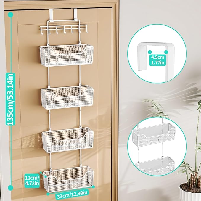 HapiRm Over Door Organizer Storage - Hanging Door Organizer with 4 Metal Large Capacity Baskets and Adjustable Coat Hook for Bathroom Bedroom Kitchen Pantry Closet Cabinet