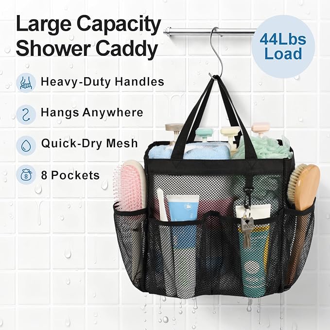 F-color Mesh Shower Caddy Portable - 2 Handles Upgrade Deeper 7 Pockets Basket Bag Tote for College Dorm Room Toiletry Bathroom Essentials Gym Camp Quick Dry with S Hook, 2 Pack, Black & Leopard