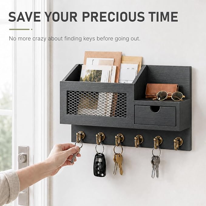 FifthQuarter Key and Mail Holder for Wall, Mail Organizer Wall Mount with 6 Hooks and Storage Drawer, Easy Installation Key Rack for Entryway and Home Decor (B-Black)