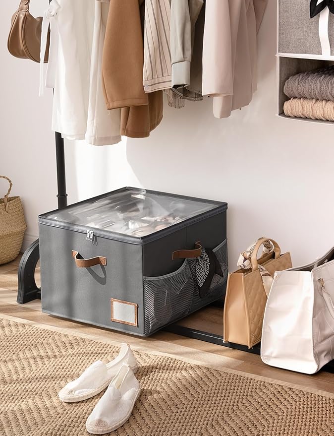 StorageWorks Shoe Organizer for Closet, Fabric Shoe Storage Boxes for Slippers and Sandals, Stackable Shoe Bins for Closet with Side Mesh Pockets, Holds Up to 16 Pairs, Grey