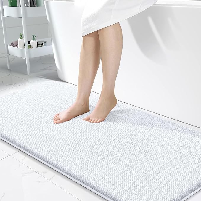 OLANLY Thick Memory Foam Bathroom Runner Rugs 47x24, Extra Soft Absorbent Long Bath Rug, Quick Dry Bath Mats, Non-Slip, Machine Washable Mat for Bathroom, Tub and Shower, Home Decor Accessories, White