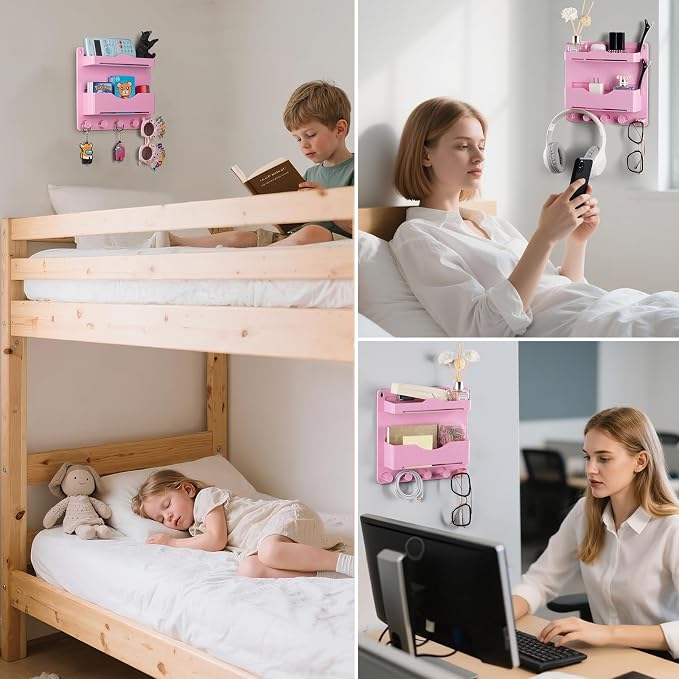 Pink Bedside Shelf Organizer - Wall Mount Phone Holder with Glasses Hook & 50 Motivational Stickers for Girls Bedroom Dorm Decor