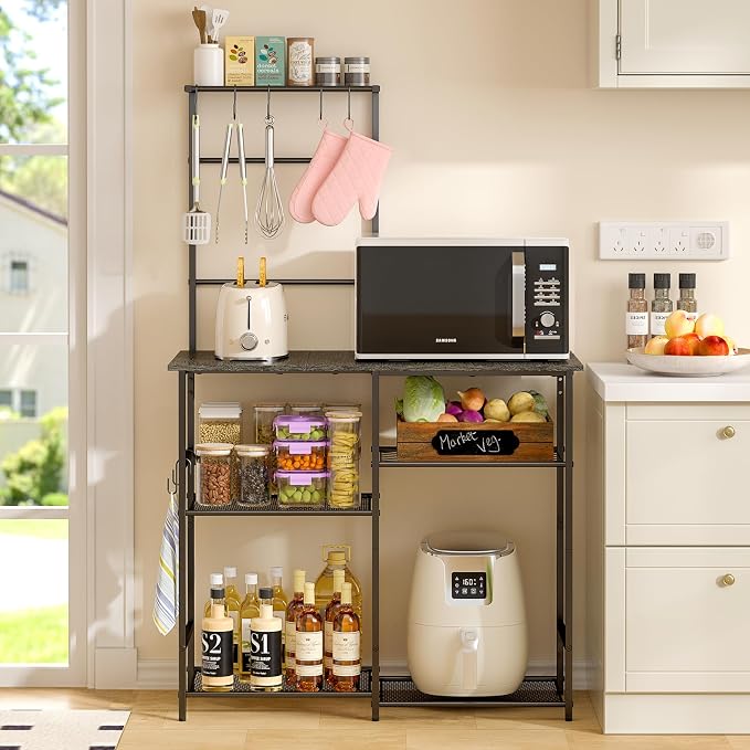 3IngSeagulls Baker's Rack for Kitchen with Storage, Microwave Stand with Adjustable Shelves, Kitchen Stand with 10 S Hooks, 6-Tier Coffee Bar Station, Storage Shelves for Spices, Pots, Gray