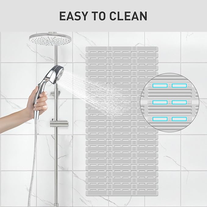 XIYUNTE Shower Mat Non Slip Bathtub Mat, 36 x 16 inches Rubber Bath Mat for Tub Non Slip Shower Mats for Inside Shower with Powerful Suction Cups and Drain Holes, Easy to Cut, Light Grey
