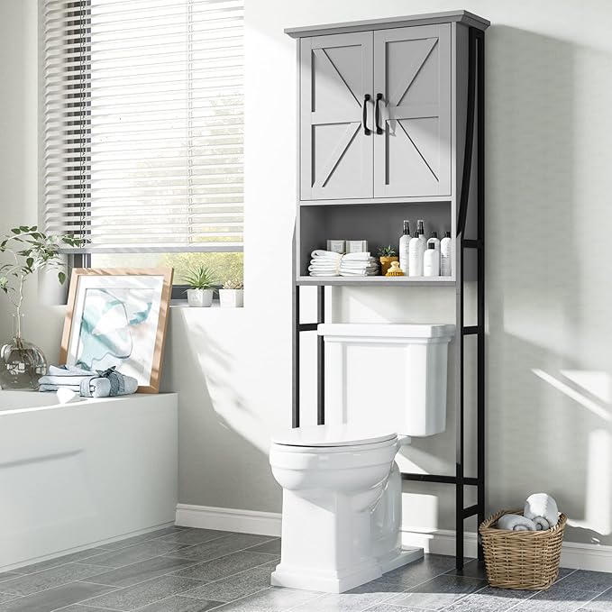 Over The Toilet Storage Cabinet, Over Toilet Bathroom Organizer with Barn Doors Above Toilet Storage Cabinet Spacesaver Rack Behind Toilet Bathroom Organizer (Gray)