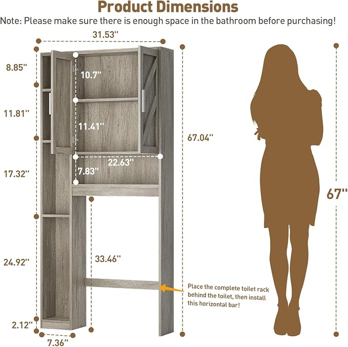 Over The Toilet Storage Cabinet with 7 Storage Shelves, Above Toilet Bathroom Organizer with Toilet Paper Holder Stand, Behind Toilet Cabinet, Space Saver for Restroom, Bathroom, Laundry, Grey