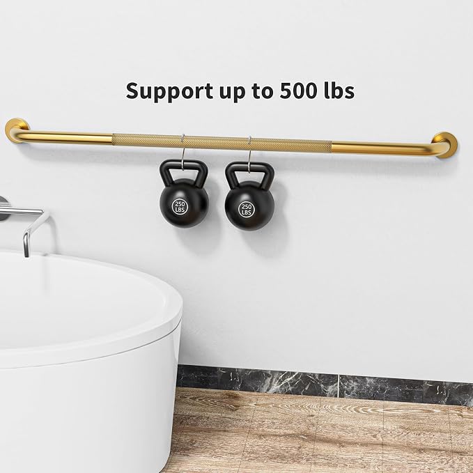 Brushed Gold Shower Grab Bar w/Anti-Slip Knurled Grip 2 Pack 47 Inch,YuanDe Stainless Steel Bathroom Grab Bars,Handicap Injury Elderly Senior Assist Support Shower Handle