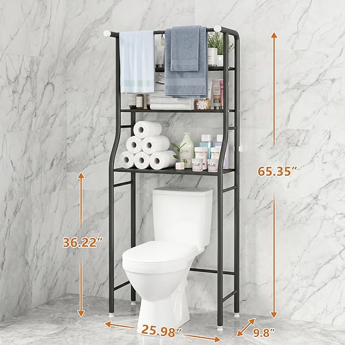 UDEAR 3-Tier Over The Toilet Rack,Bathroom Shelf Space Saver,Corner Stand Storage Organizer Accessories,the Washing Machine,with Hanging Rod,Tower Shelf,Black