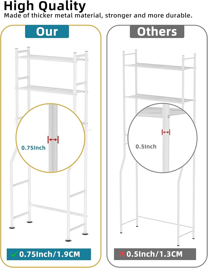 Livilord 3-Tier Over The Toilet Storage, Freestanding Metal Bathroom Shelves with 4 Hooks, Over Toilet Storage Shelf with Paper Holder, Above The Toilet Shelf for Bathroom Storage, White