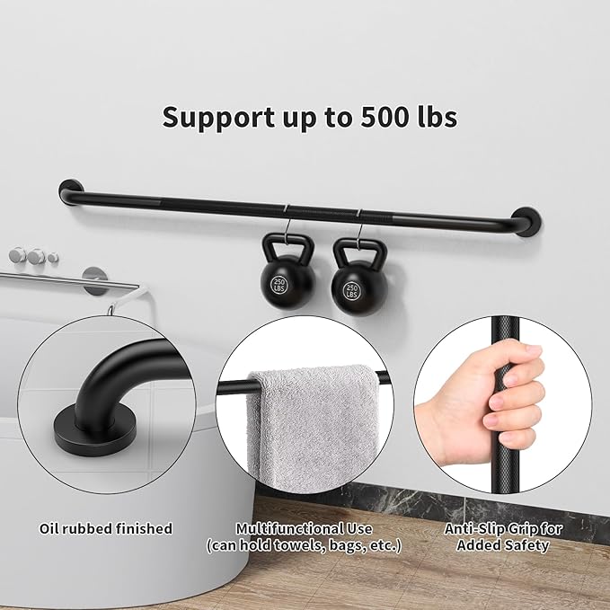 48 Inch Anti Slip Shower Grab Bar, Munzong Bathroom Grab Bar for Showers, Black Knurled Handicap Balance Bar,Safety Hand Rail Support Elderly Senior Assist Bath Handle