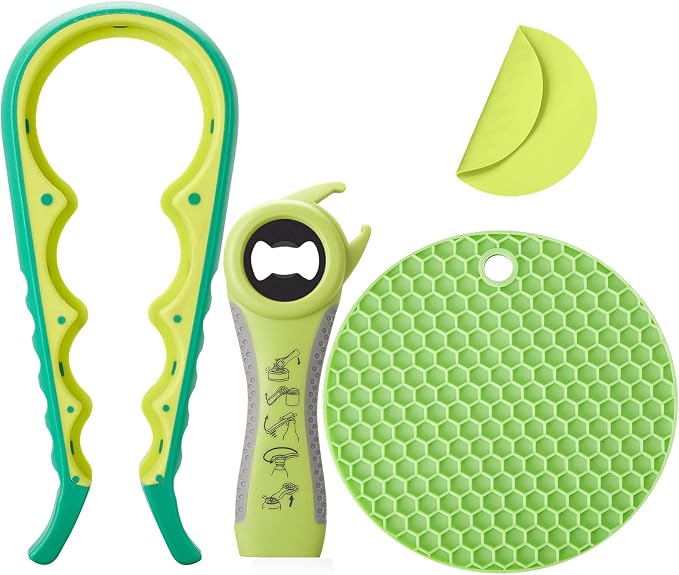 Jar Bottle Opener for Weak Hands,4 &5 in 1 Multi Function Non-Slip Can Lid Opener Tools with Silicone Jar Gripper Pad,Suitable for Seniors,Children and Arthritic Hands (Fruit Green)