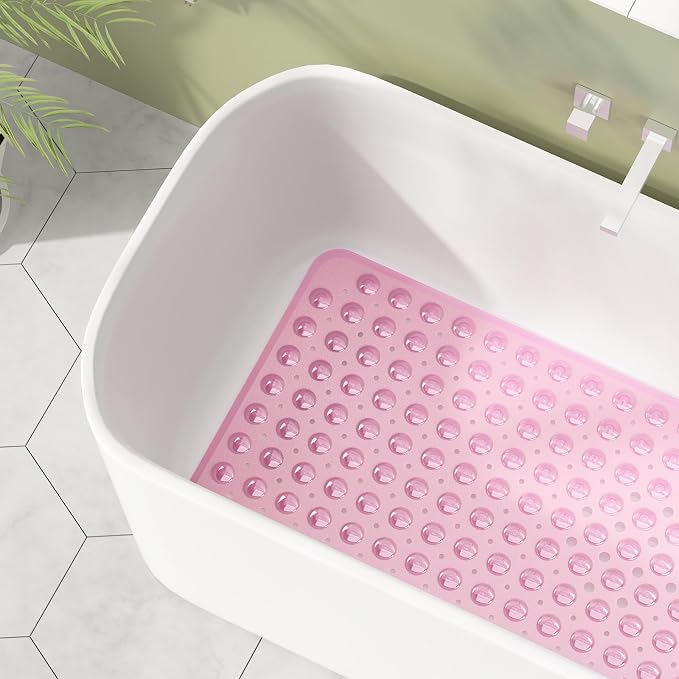 AmazerBath Shower Mat Non Slip 40 x 16 Inches, Shower Stall Mats with Suction Cups and Drain Holes, Non Slip Bath Mat for Tub for Elderly & Kids, Clear Pink