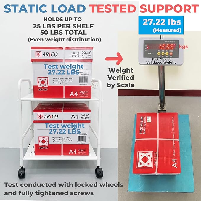 2-Tier Metal Rolling Cart, Under Desk Storage with 12.2" Shelf Clearance, Anti-Drop Guard & Hooks, Compact Utility Cart for Kitchen, Office, Laundry, Bathroom, Pantry, Living Room - White