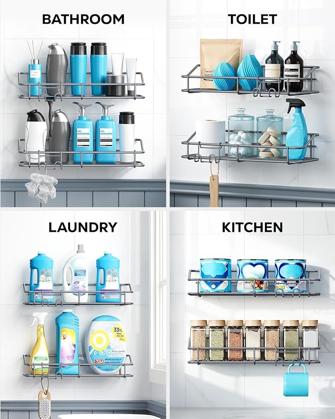 Nieifi Shower Caddy Shelf with Hooks Storage Rack Organizer Adhesive Stainless Steel Without Drilling for Bathroom, Lavatory, Washroom, Restroom, Shower, Toilet, Kitchen - 2 Pack (Gray)
