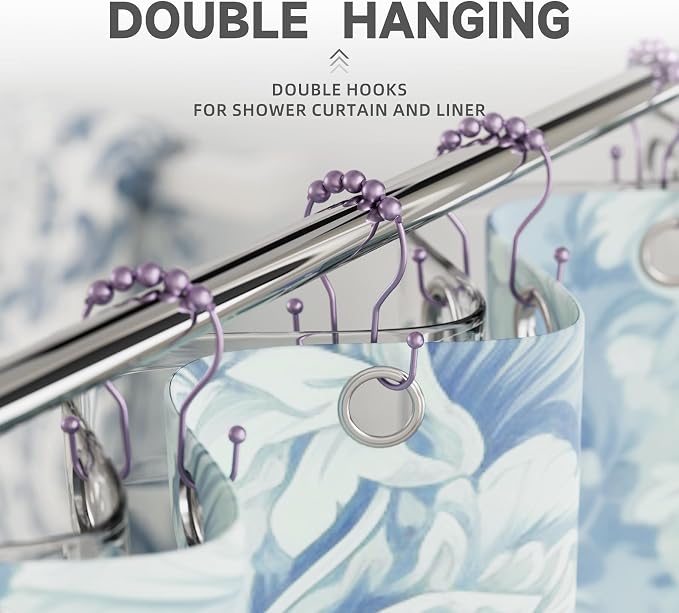 Bathway Shower Curtain Hooks, Shower Curtain Rings Rust Proof Double Hook Shower Curtain Hooks, 12 Pcs Purple Shower Hooks for Shower Curtain, Shower Rings for Curtain, Metal Shower Rod Hooks