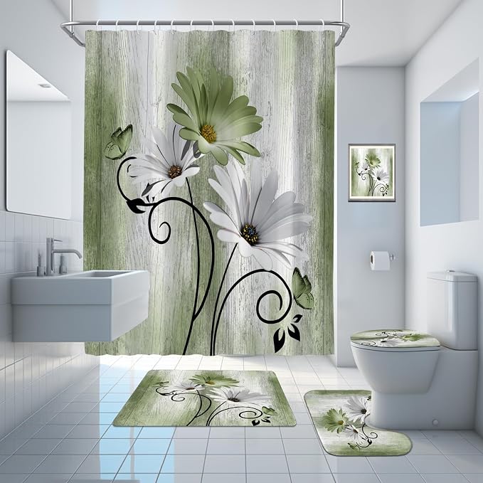 Onalasyc 4PCS Grass Green Daisy Flowers Butterfly Shower Curtain Set with Shower Curtain and Carpet and Accessories, Waterproof Bathroom Shower Curtain Decorative Set with 12 pcs Hooks,71 x 71in