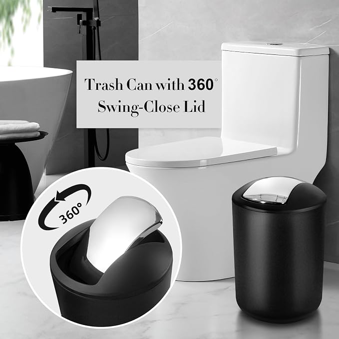 Black Bathroom Accessories Set, 10Pcs Bathroom Accessory Set with Trash Can, Soap Dispenser and Toothbrush Holder, Soap Dish, Cotton Ball & Qtip Holder, Toilet Brush Holder, Tissue Box Cover