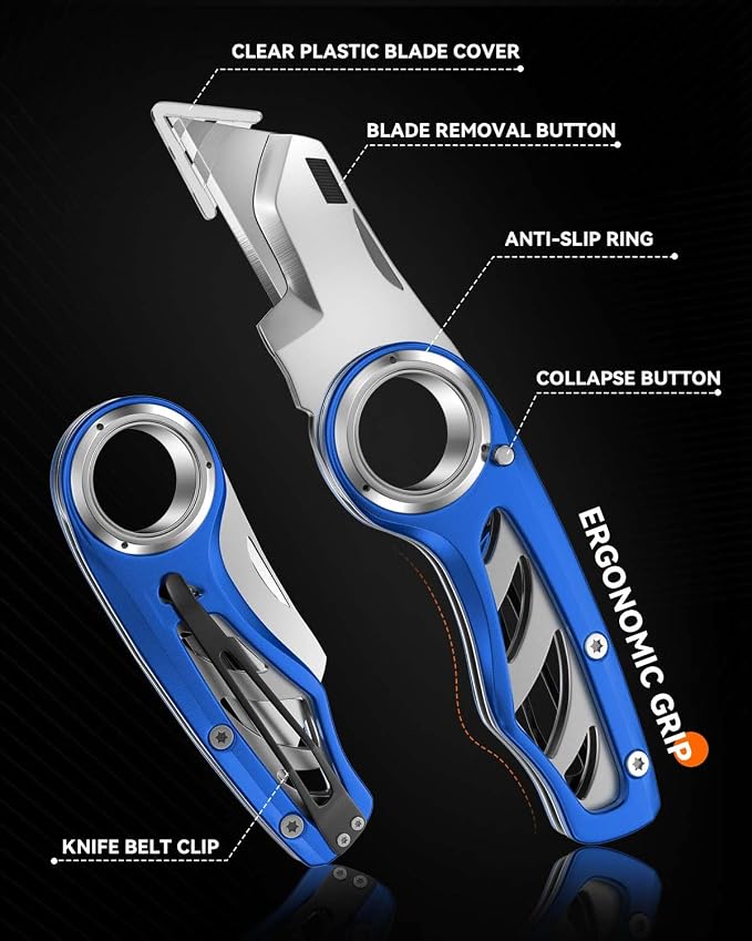 Folding Utility Knife Pocket Knife, Heavy-Duty Box Cutter with Anti Slip Finger Loop, Quick Change Blade Razor Knife, Box Cutters for Home, Office, Warehouse, Durable Razor Knife, Box Knife (Blue)